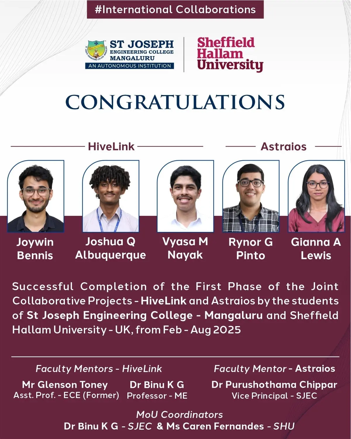 SJEC Students Complete First Phase of the HiveLink and Astraios Projects in Collaboration With Sheffield Hallam University, UK