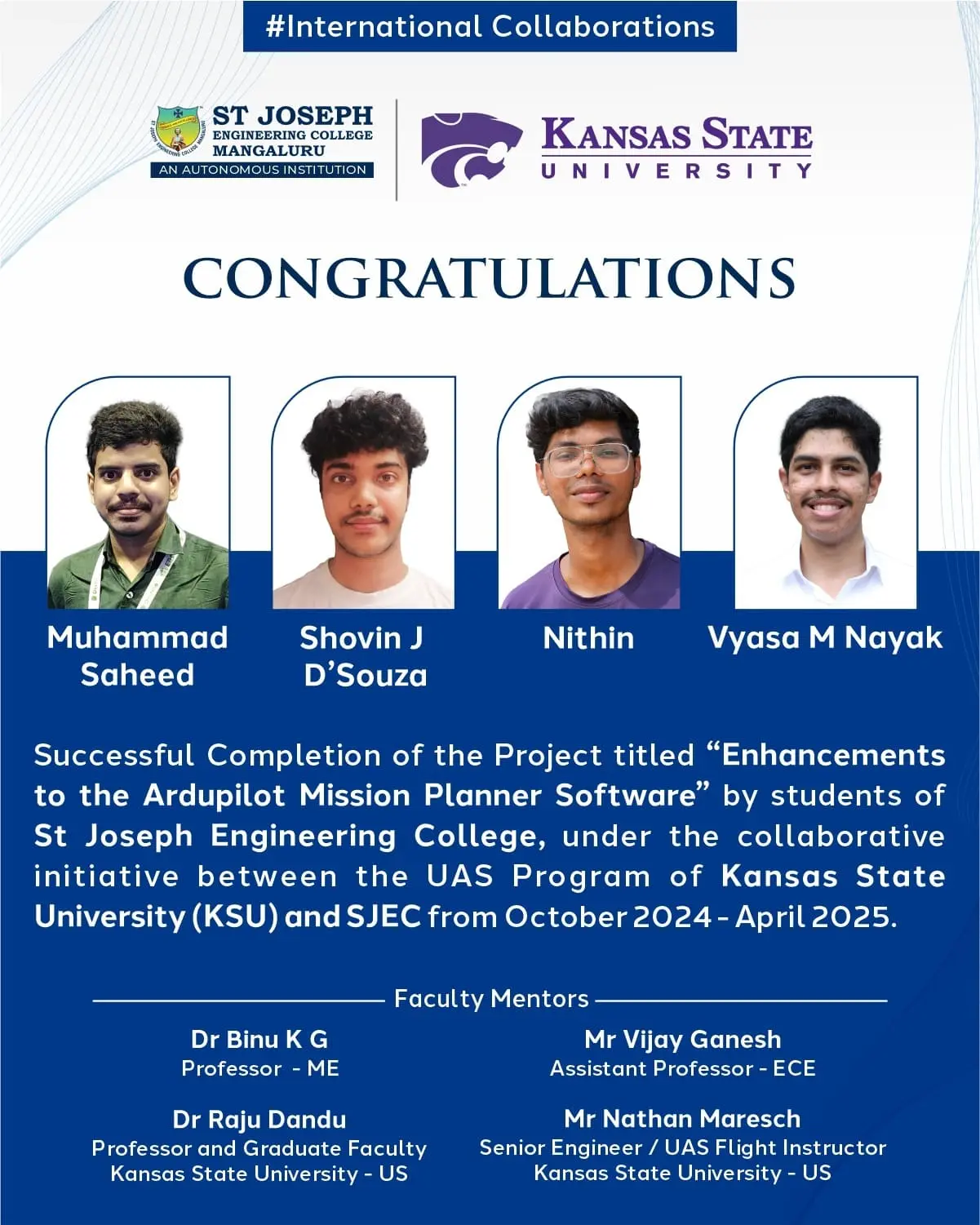 SJEC Students Successfully Complete International Project on Enhancements to Ardupilot Mission Planner Software